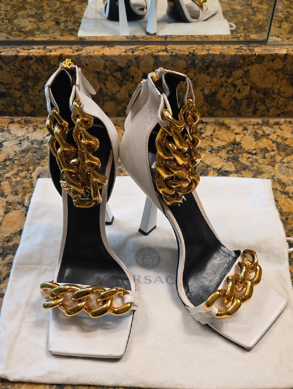 Versace White Heeled Sandals with Gold Chain Accents